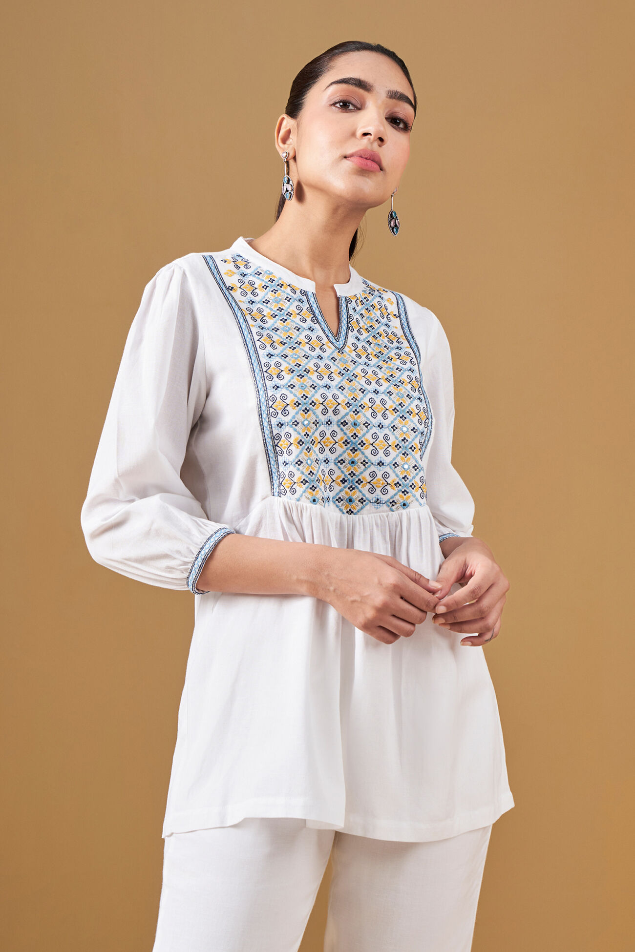 Geometric Embroidery Casual Top, White, image 2
